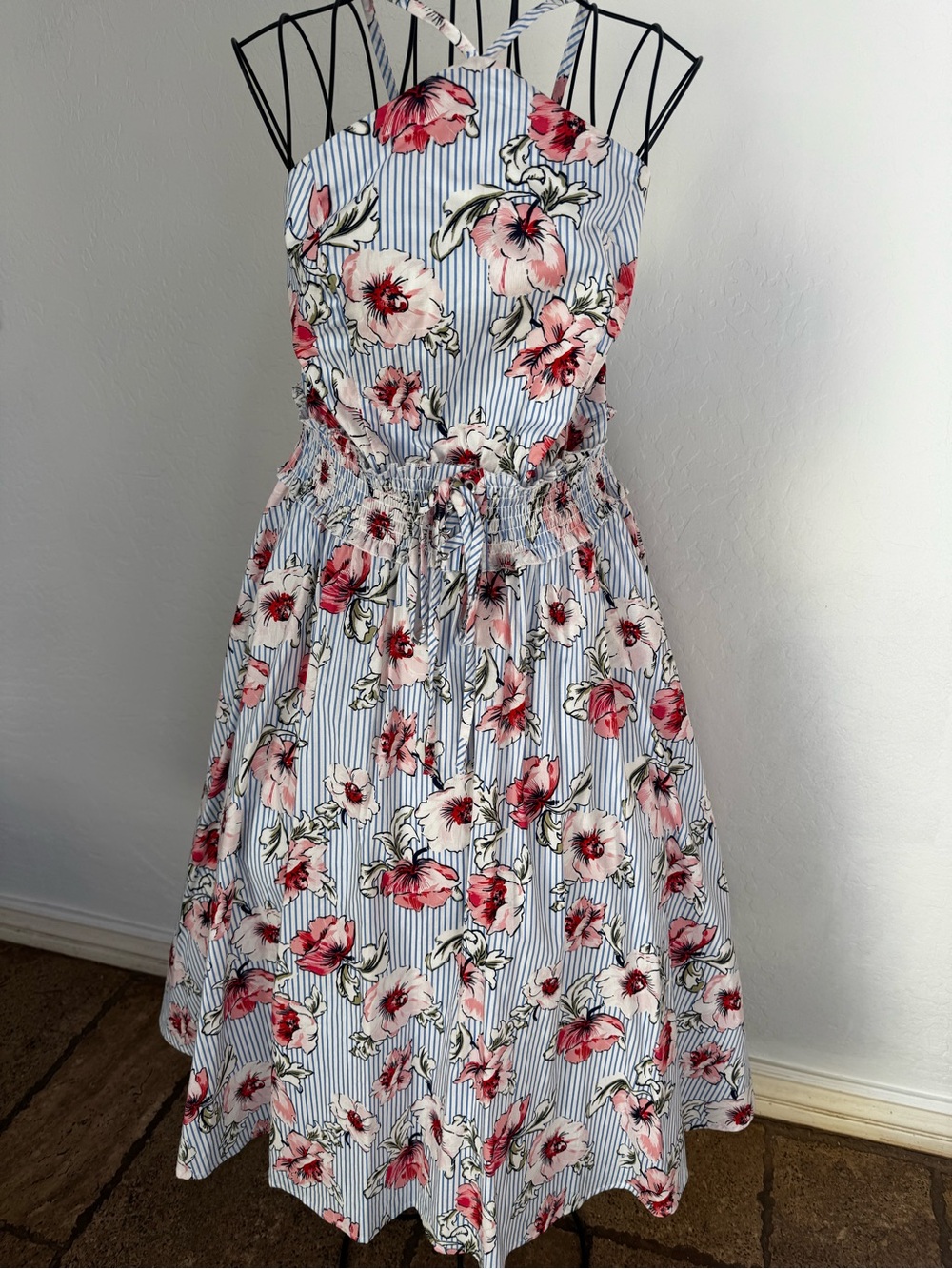 VENUS Blue Stripe Midi Dress with Pink Floral Print